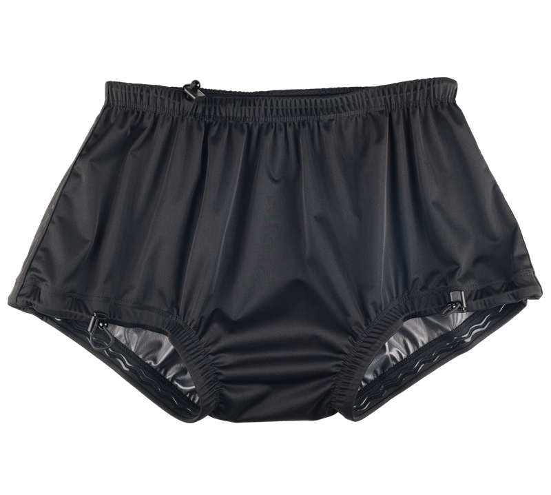Inderbukser til inkontinente mænd med lækage-barriere, fremstillet af polyester.
