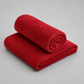 Rød frotté i metermål i blød bomuld og polyester, Øko-tex certificeret og velegnet til tekstiler.