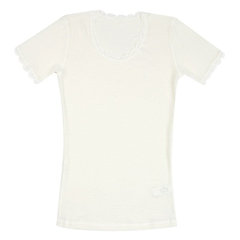 Uld T-shirt "Cecilie" med korte ærmer og blonder. Varm og behagelig i 100% uld, fås i Sort og Råhvid.