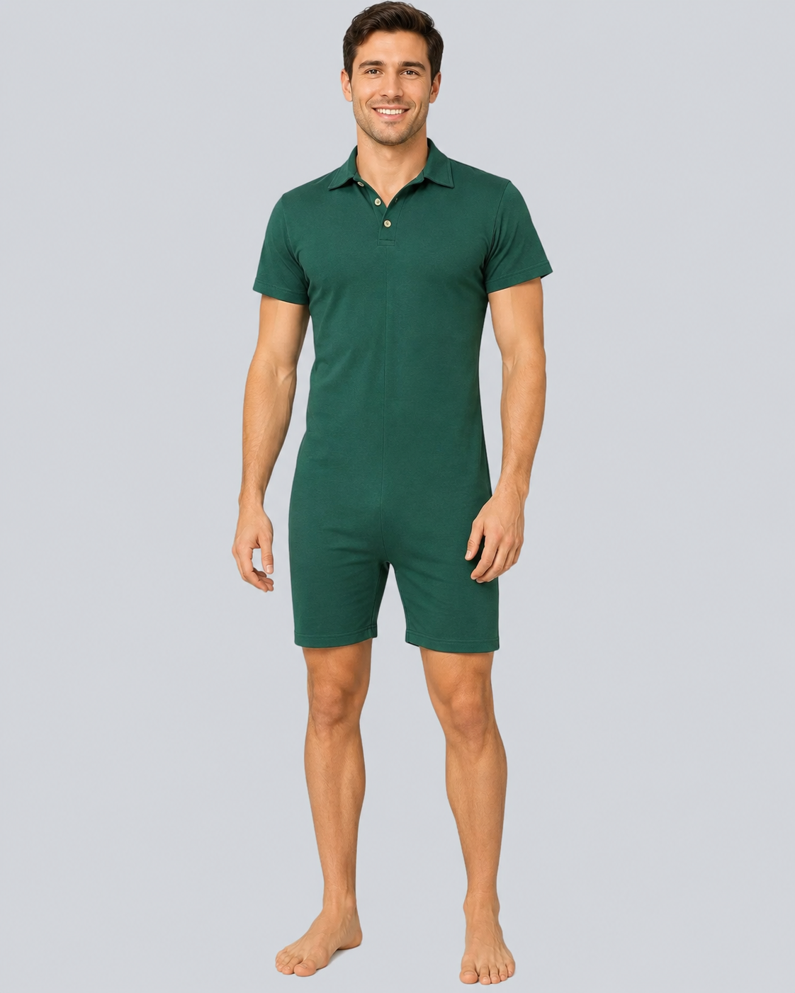 Polo bodystocking med polokrave, korte ærmer og lynlås i benene, fås i flere farver.