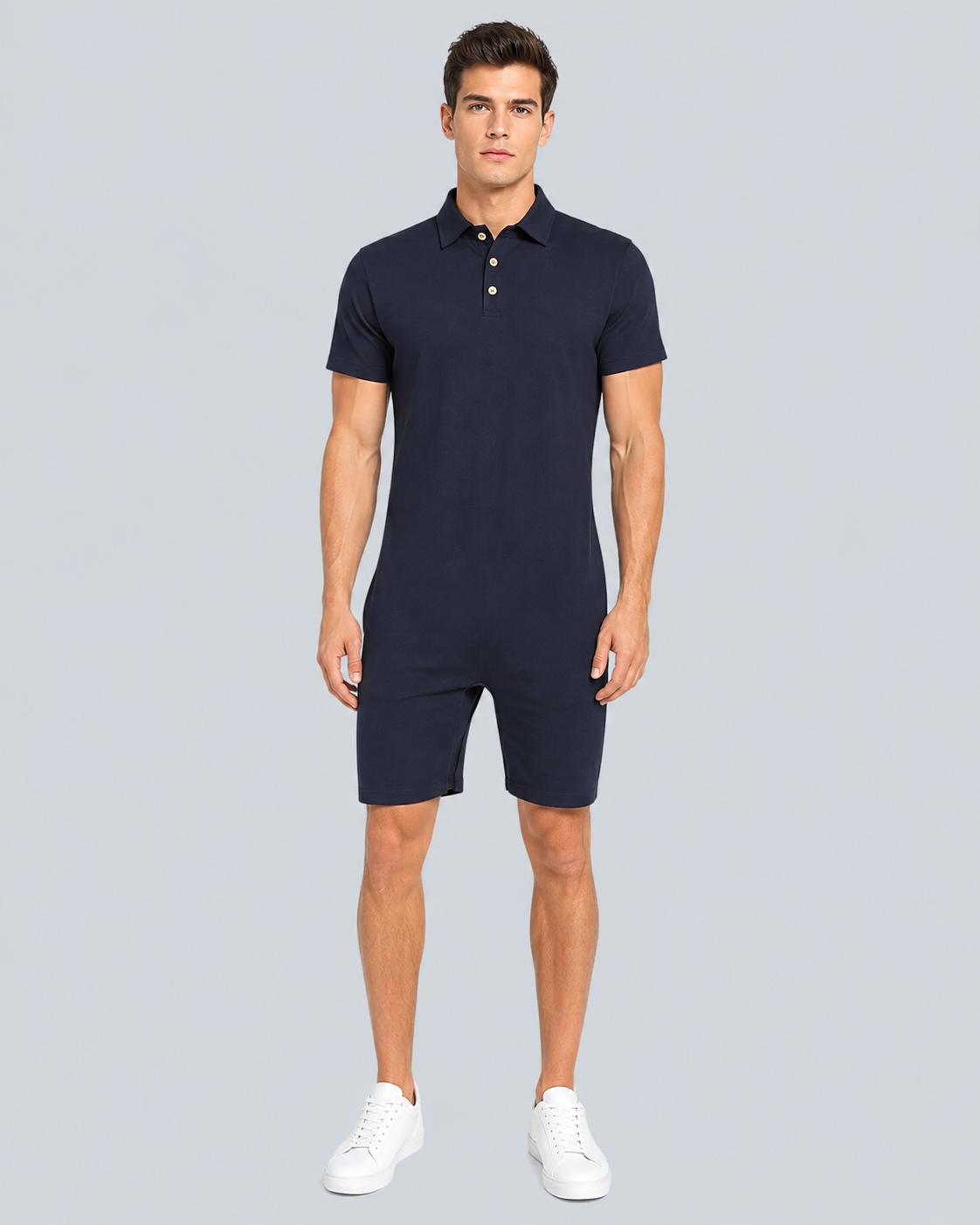 Polo Bodystocking med polokrave, korte ærmer og ben, fås i rød, lyseblå, mørkeblå, grøn, mørkegrå.