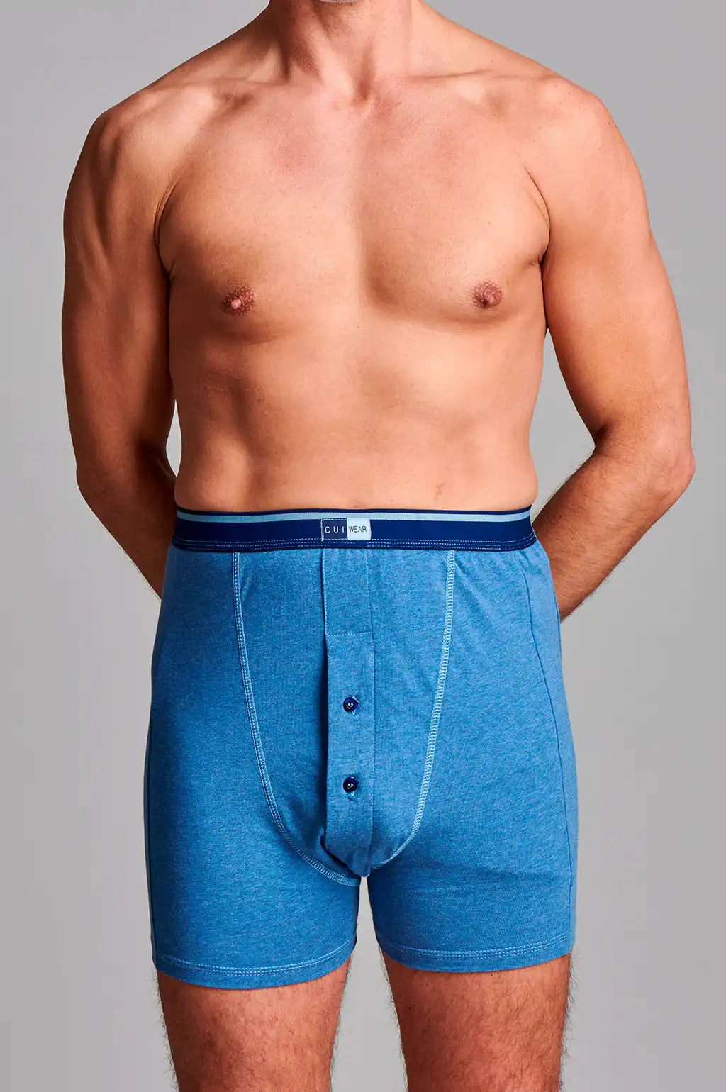 Boxershorts til stomi til mænd, med høj talje og en lomme, fås i mørkeblå og lyseblå.