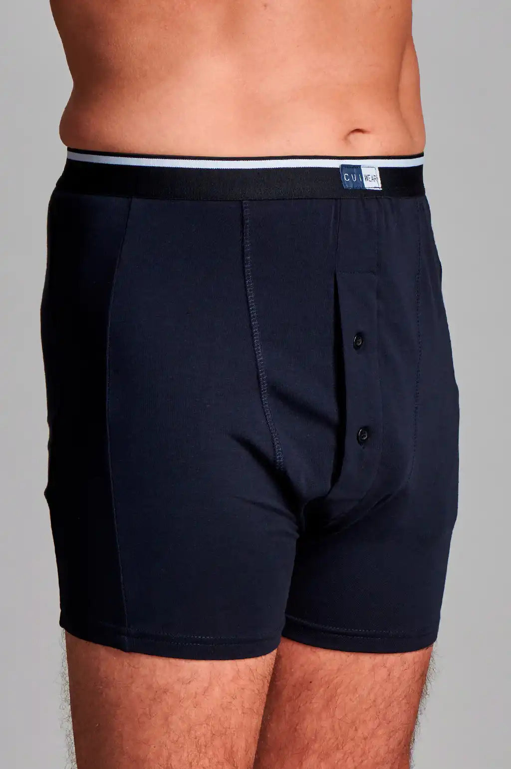 Boxershorts til stomi i mørkeblå og lyseblå, bomuld, med høj talje og praktisk lomme.