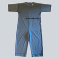 Care Design grey short-sleeved bodysuit with front zipper for easy access to feeding tubes and zipper in the crotch.