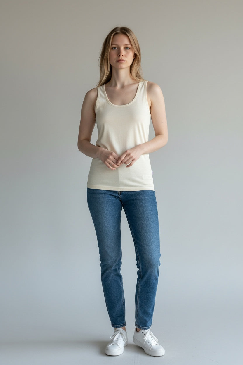 Care Design "Marie" women's ivory 100% wool tank top. Facon-cut with a scoop neck, perfect for warmth and breathability.