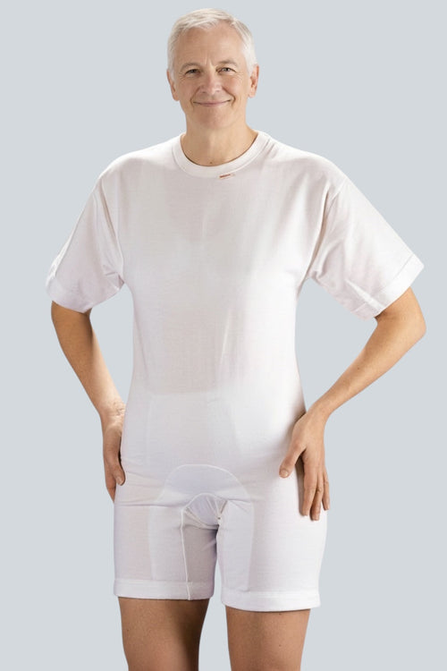 Care Design white cotton short-sleeve bodystocking with short legs and crotch zippers for adult incontinence.